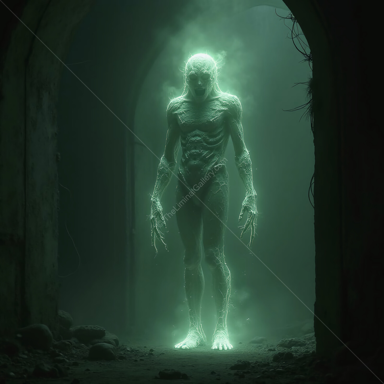Mysterious entity haunts an abandoned corridor, illuminating shadows in an eerie atmosphere