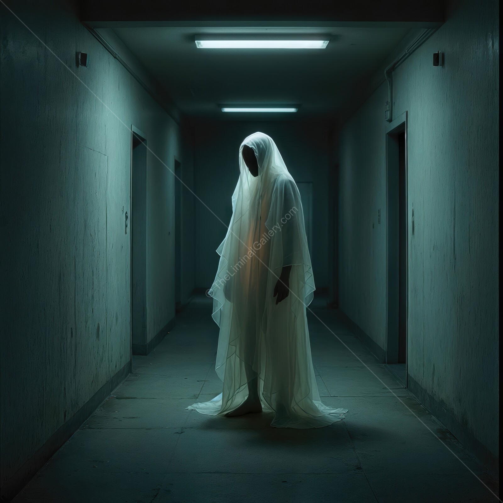 Mysterious figure shrouded in white haunts a dark, abandoned corridor at midnight