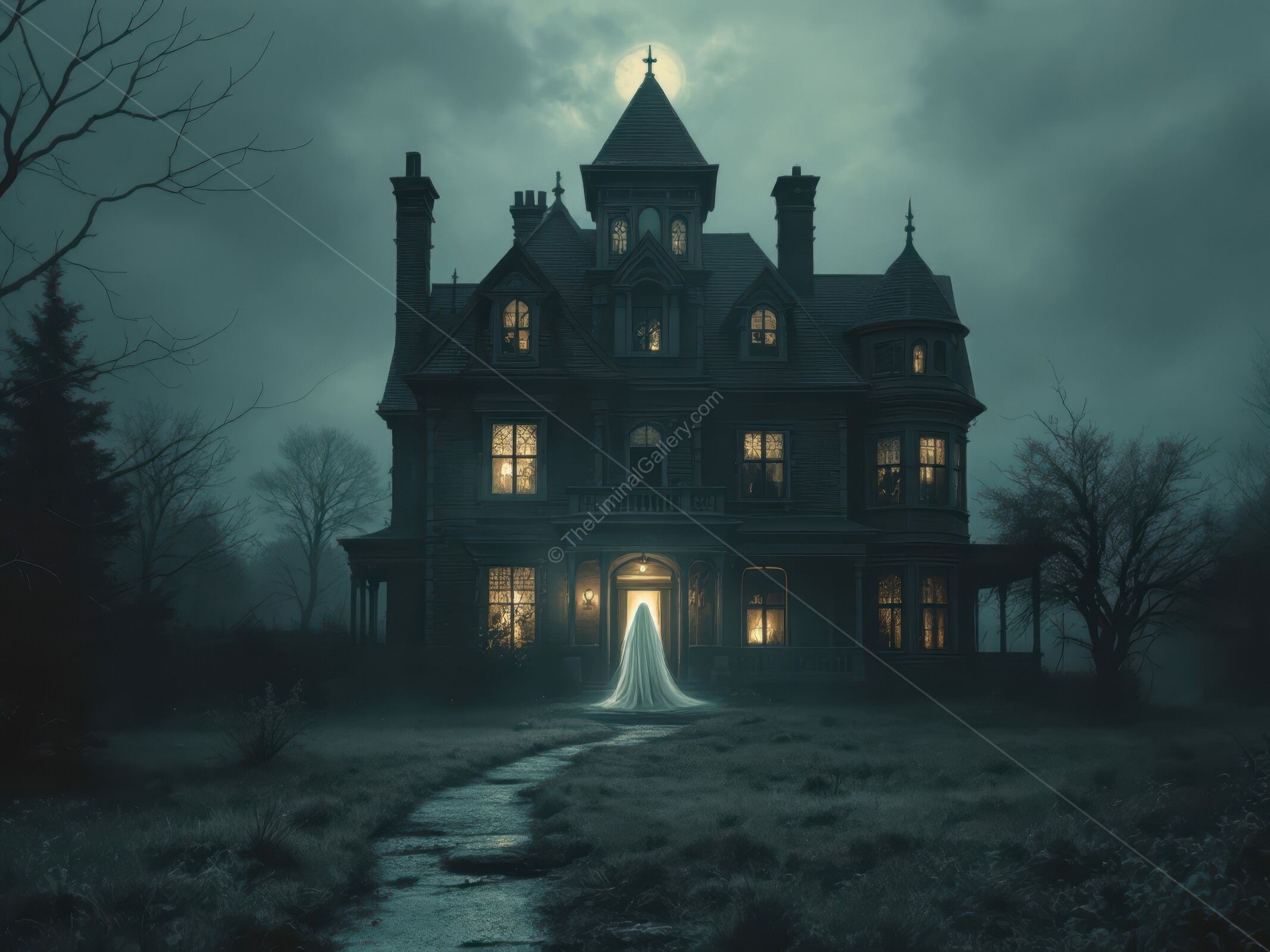 Mysterious figure in a hauntingly abandoned mansion surrounded by fog