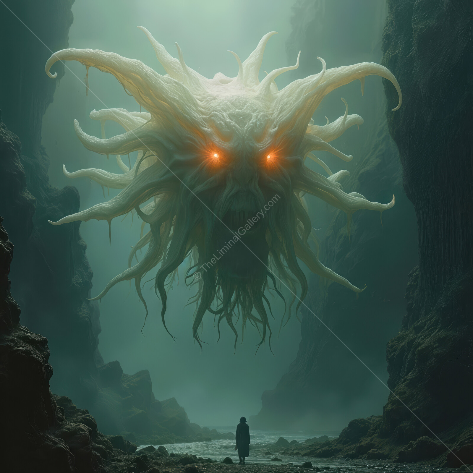 Mysterious figure encounters a looming entity in an eerie canyon under dim light at twilight
