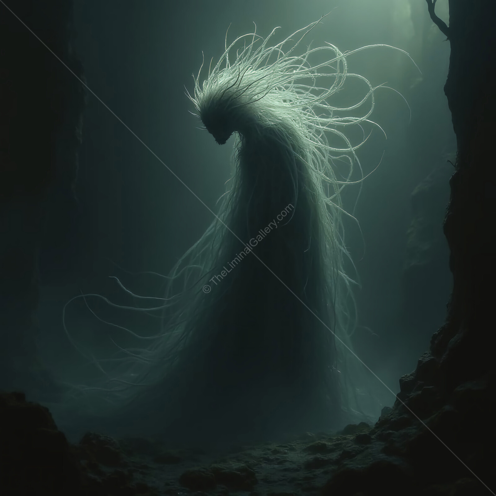 Mysterious figure with flowing tendrils haunts dimly lit cave in unsettling liminal space