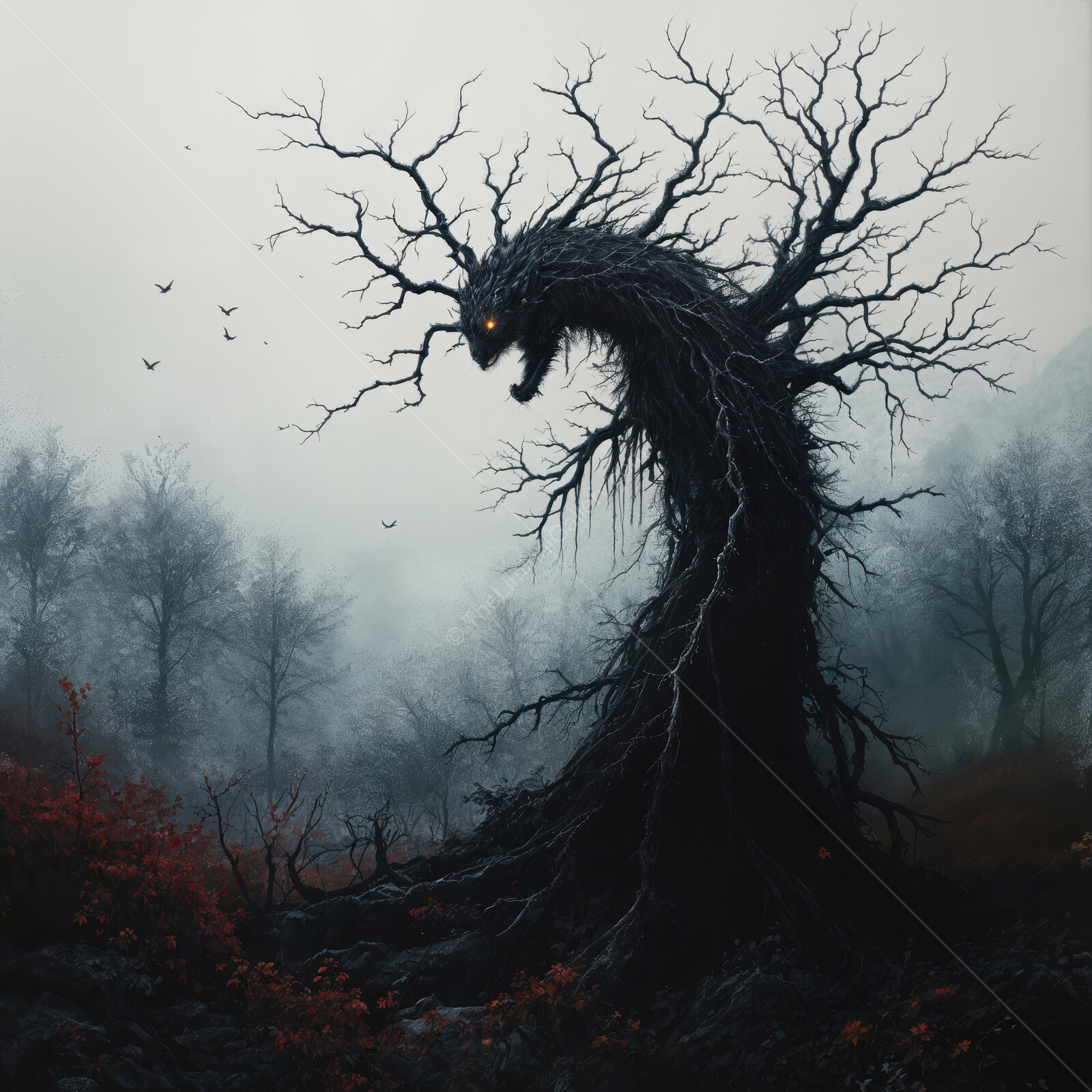 Mysterious creature rises from twisted roots in an eerie forest shrouded in fog at dusk