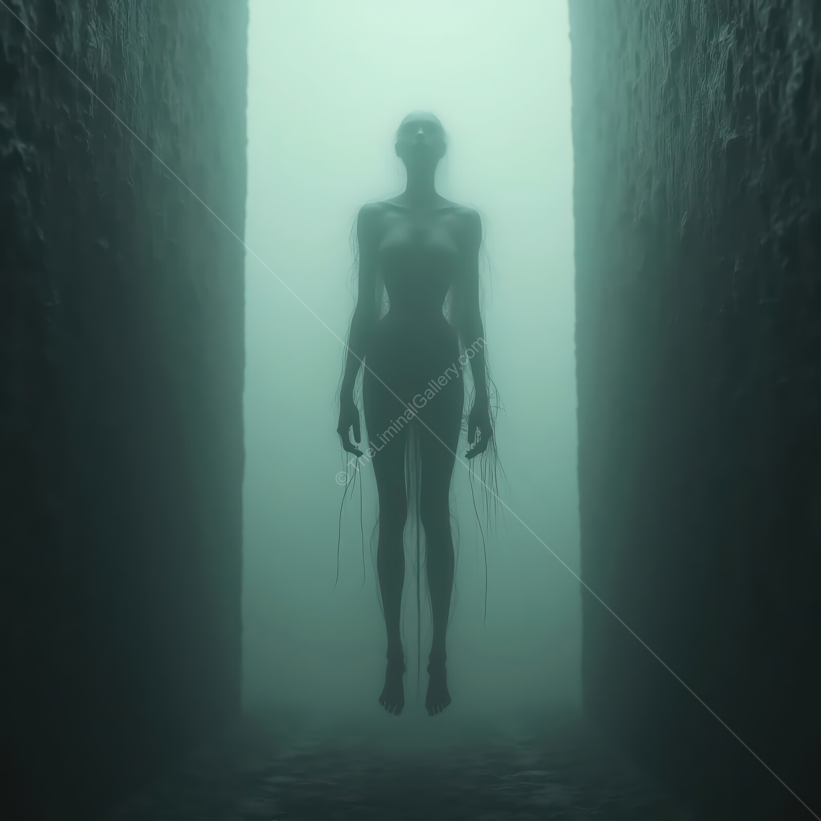 Mysterious figure hovers in an eerie foggy corridor at twilight, distorting reality with unsettling presence