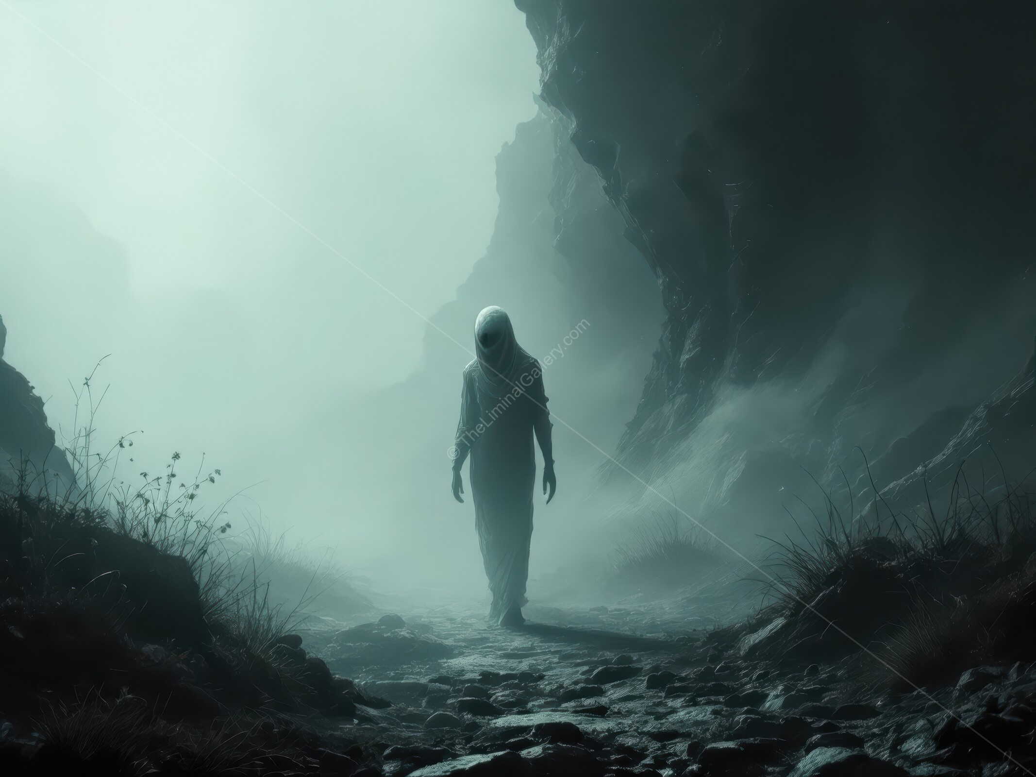 Mysterious figure wanders through eerie fog in a desolate landscape at twilight