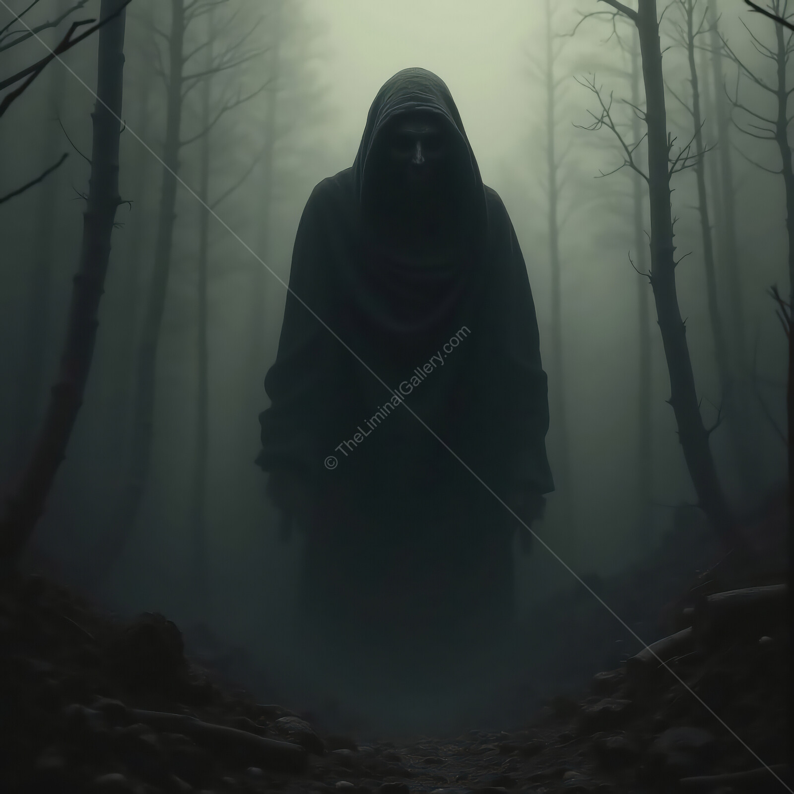 Mysterious figure shrouded in fog creeps through an eerie forest at dusk