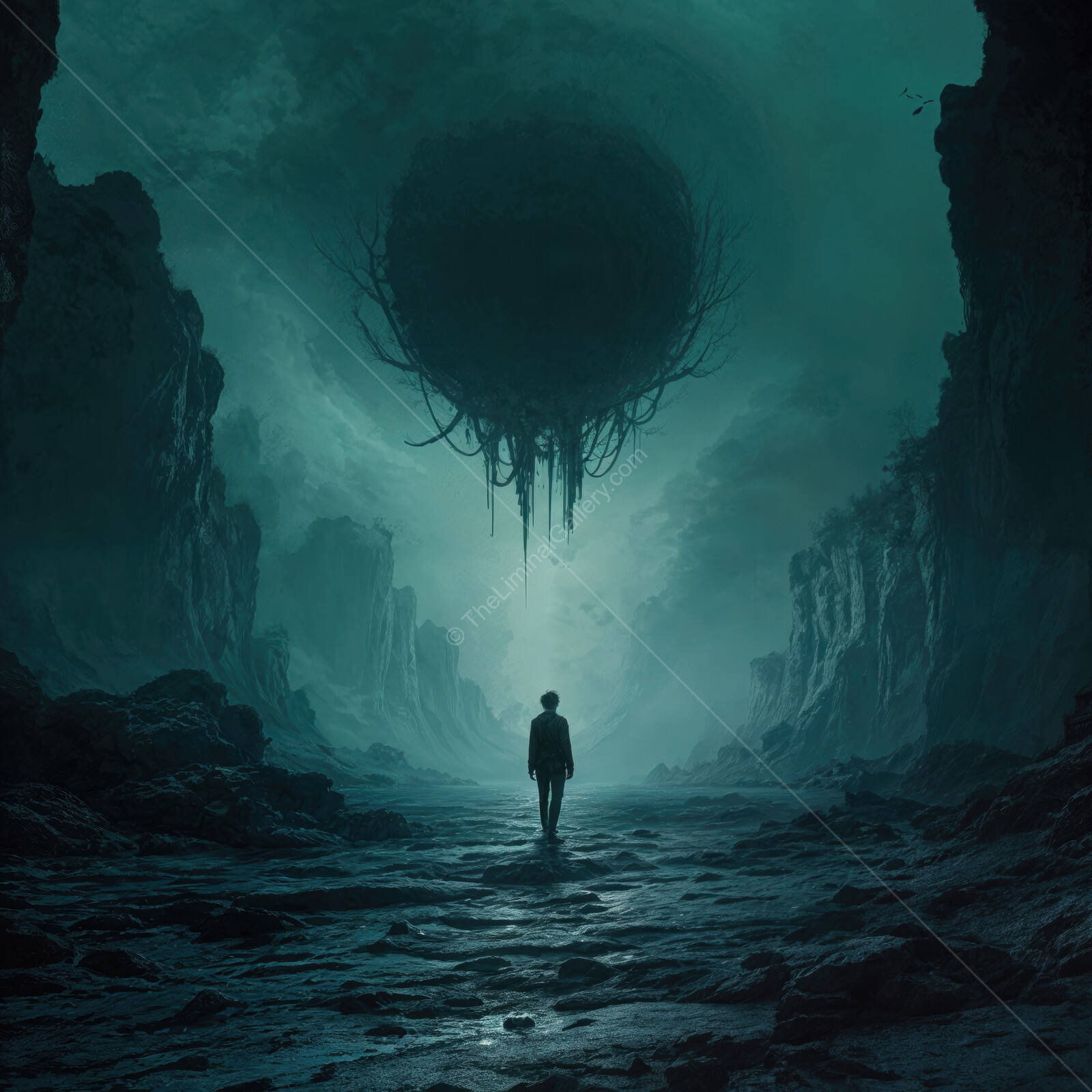 Mysterious figure in a desolate landscape shrouded in eerie green mist