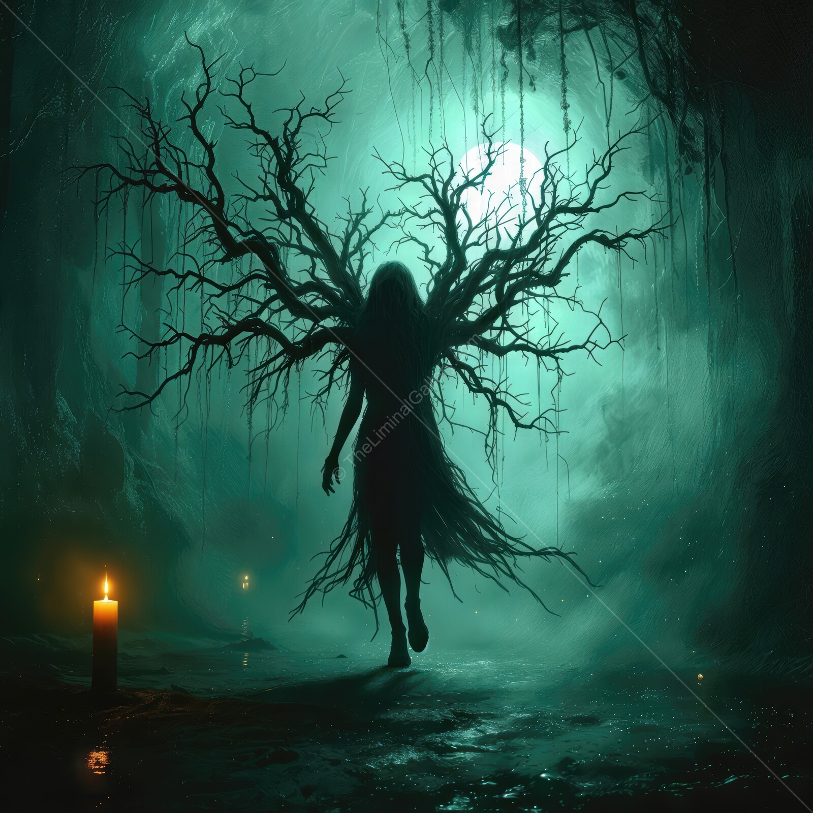 Mysterious figure emerges from shadows in an ethereal liminal landscape embracing horror