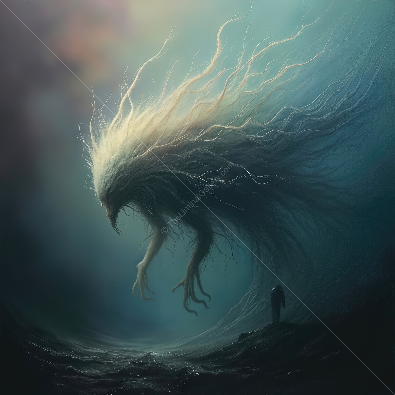 Mysterious figure faces a haunting presence shrouded in otherworldly darkness