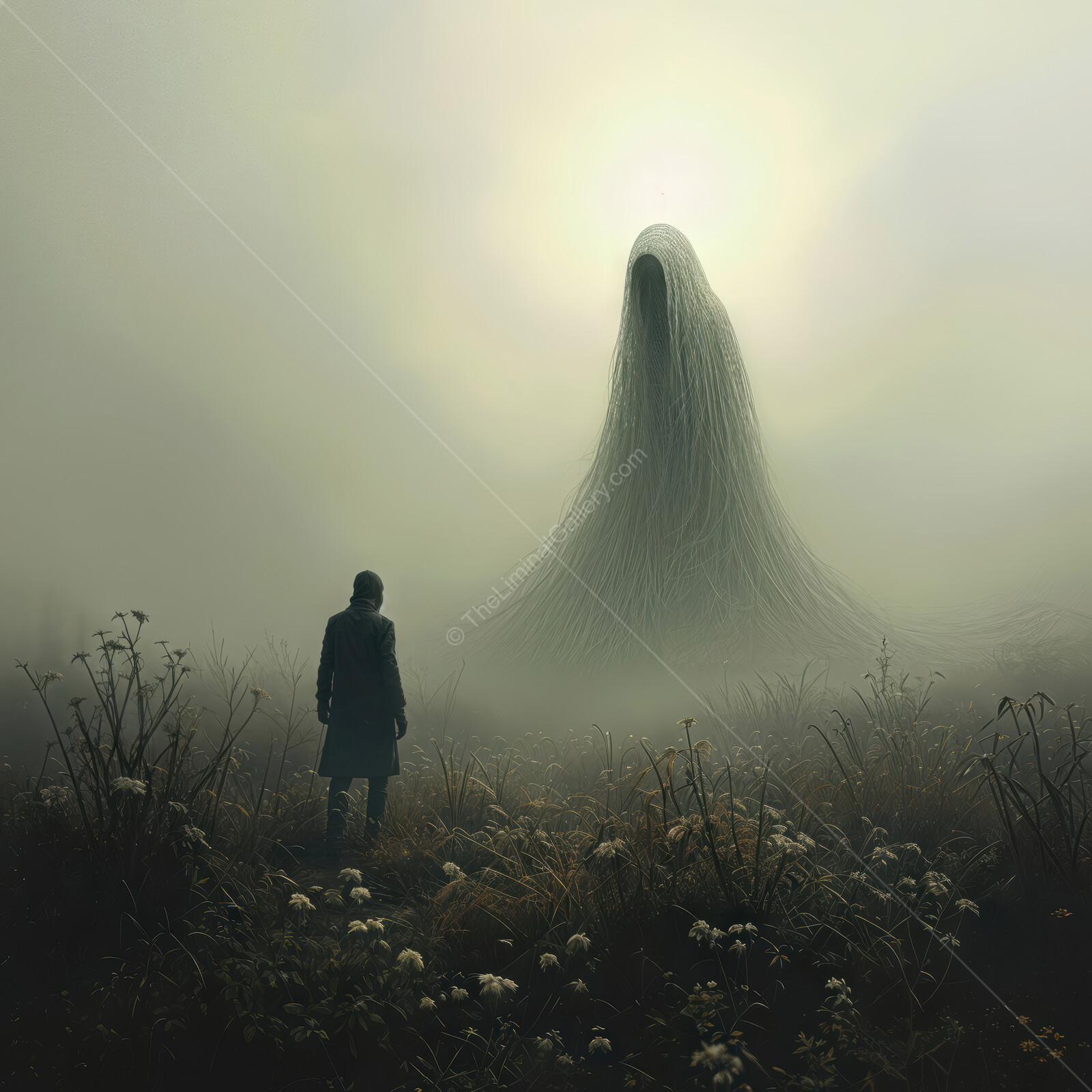 Mysterious figure looms over a lone traveler lost in a foggy landscape during twilight hours