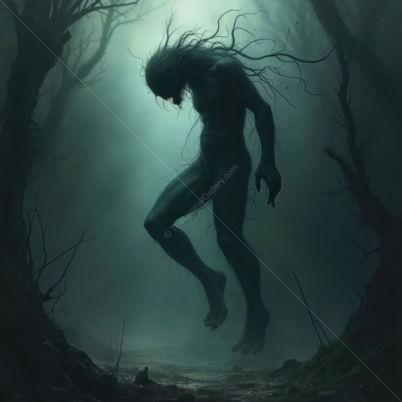 Figure shrouded in mist lurks among twisted trees in a haunting liminal space at dusk