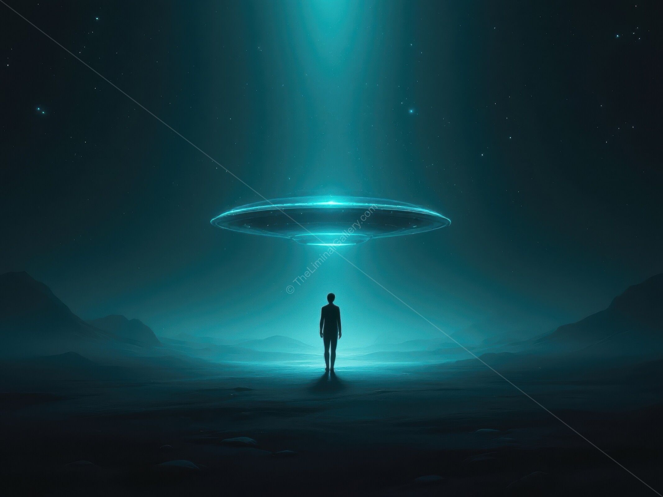Mysterious figures emerge as a UFO spacecraft casts an eerie light on a desolate landscape at twilight