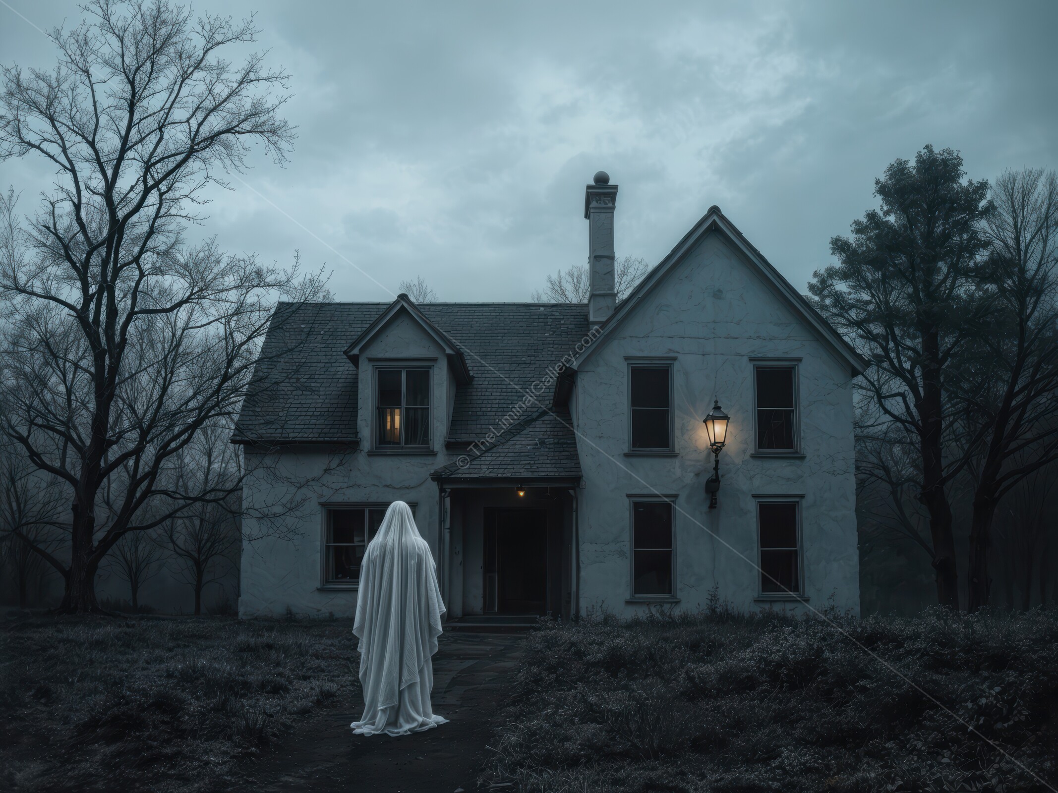 Mysterious ghost approaches an abandoned house under an eerie twilight sky