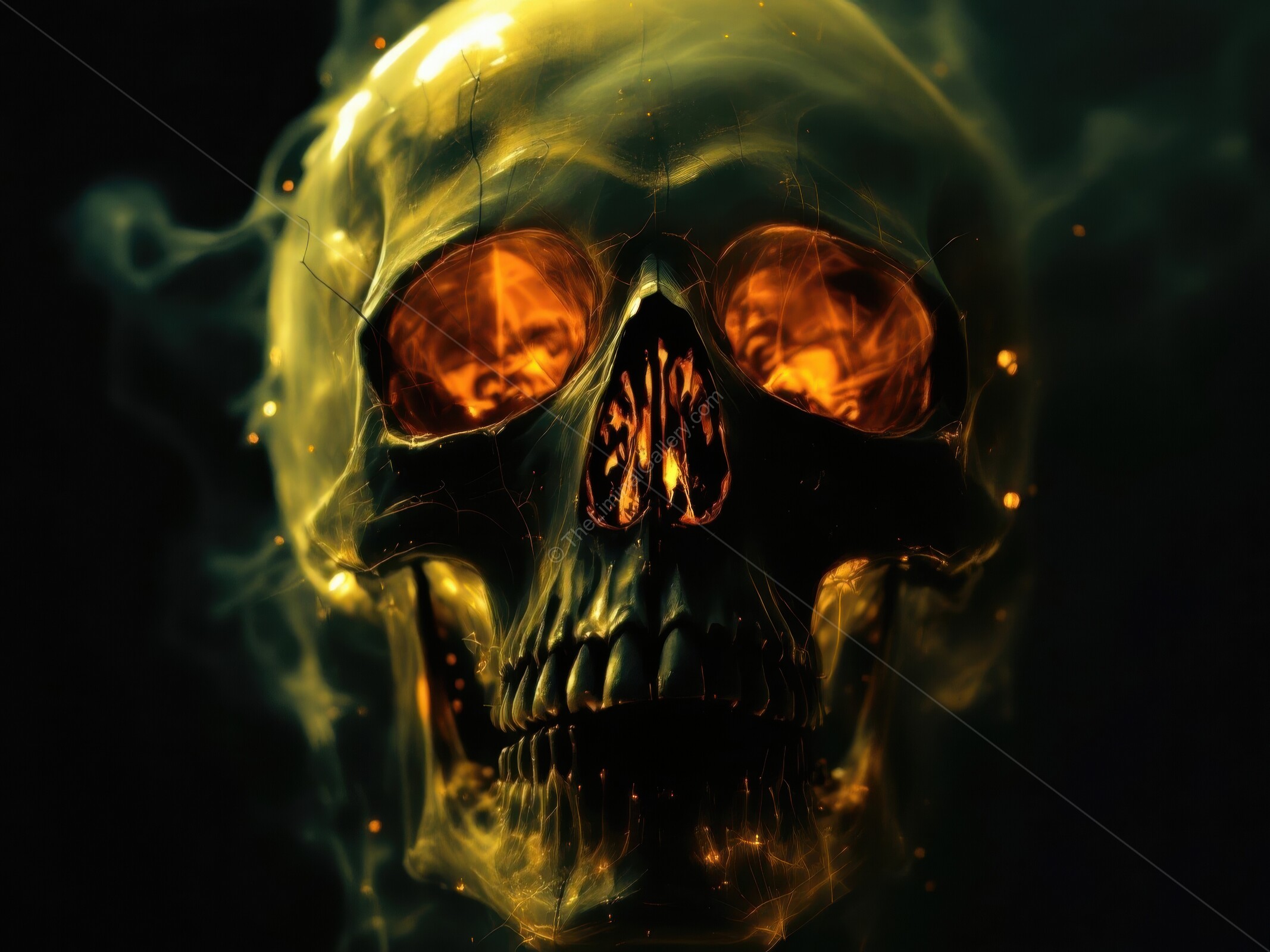 Mysterious glowing skull surrounded by eerie shadows evokes feelings of dread and uncertainty in a dark space