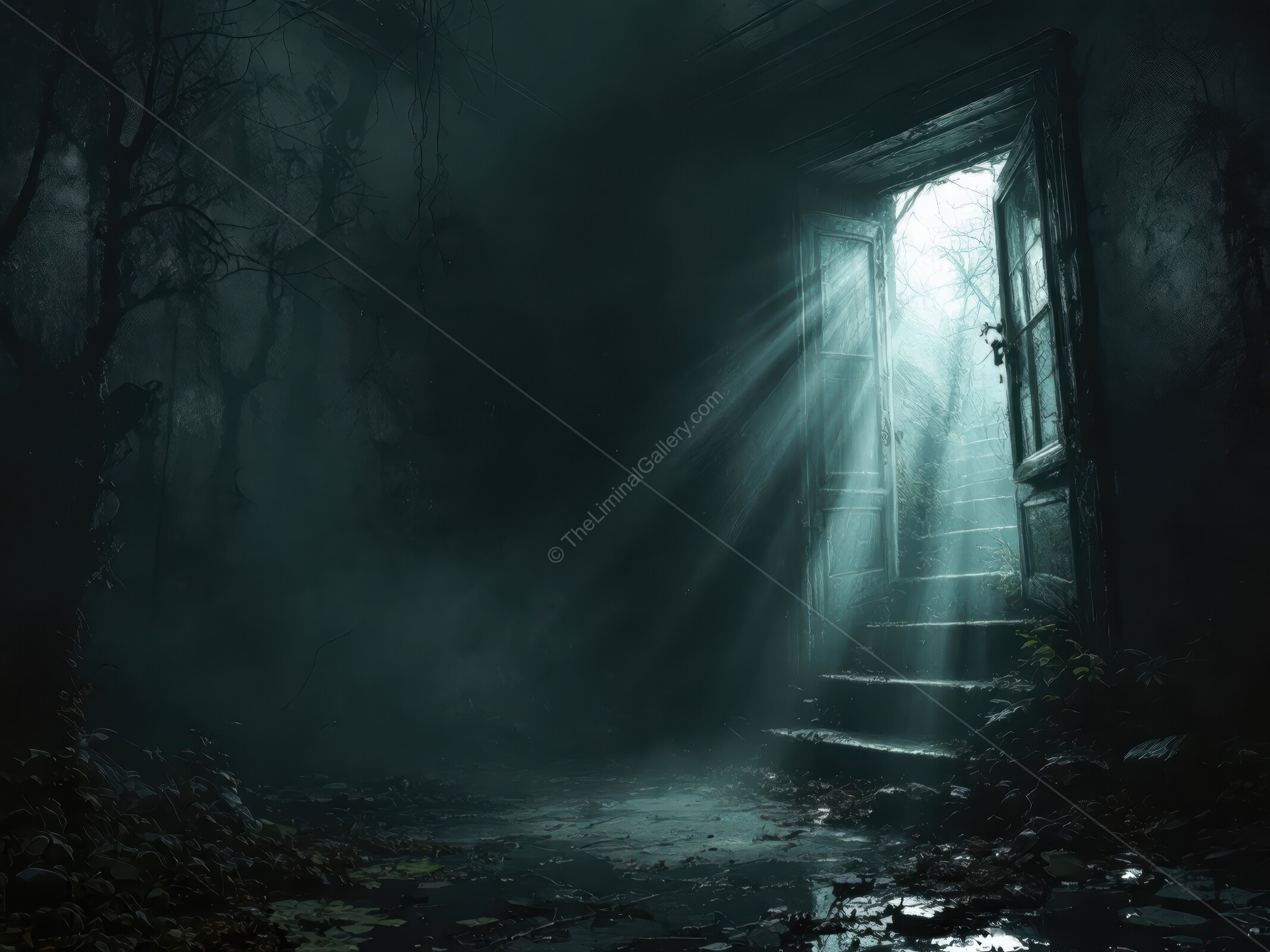 Mysterious light beckons through an eerie doorway in an abandoned, shadowy world of liminal horror
