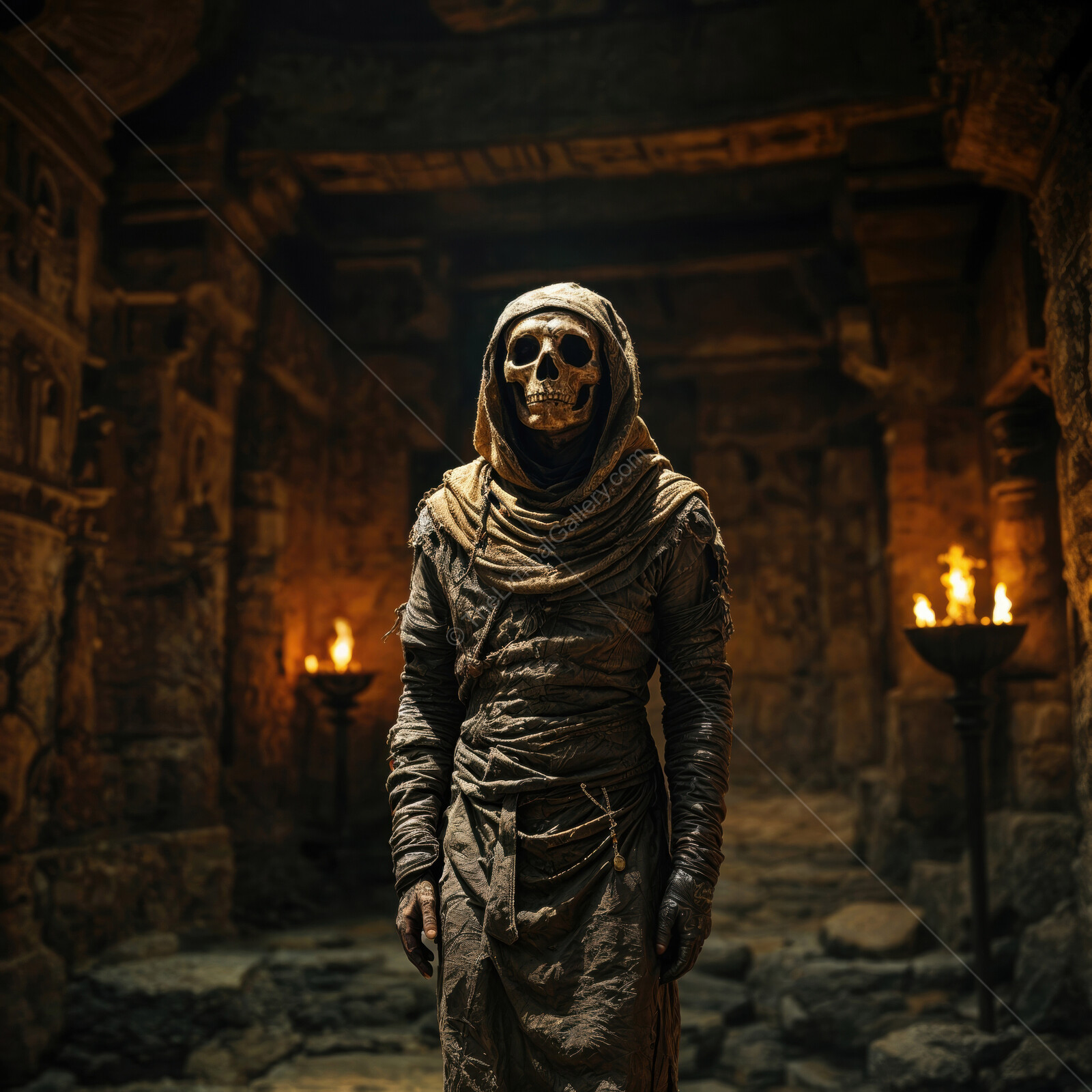 Mysterious mummy shrouded in darkness and decay haunts ancient cavern of forgotten relics and eerie flames