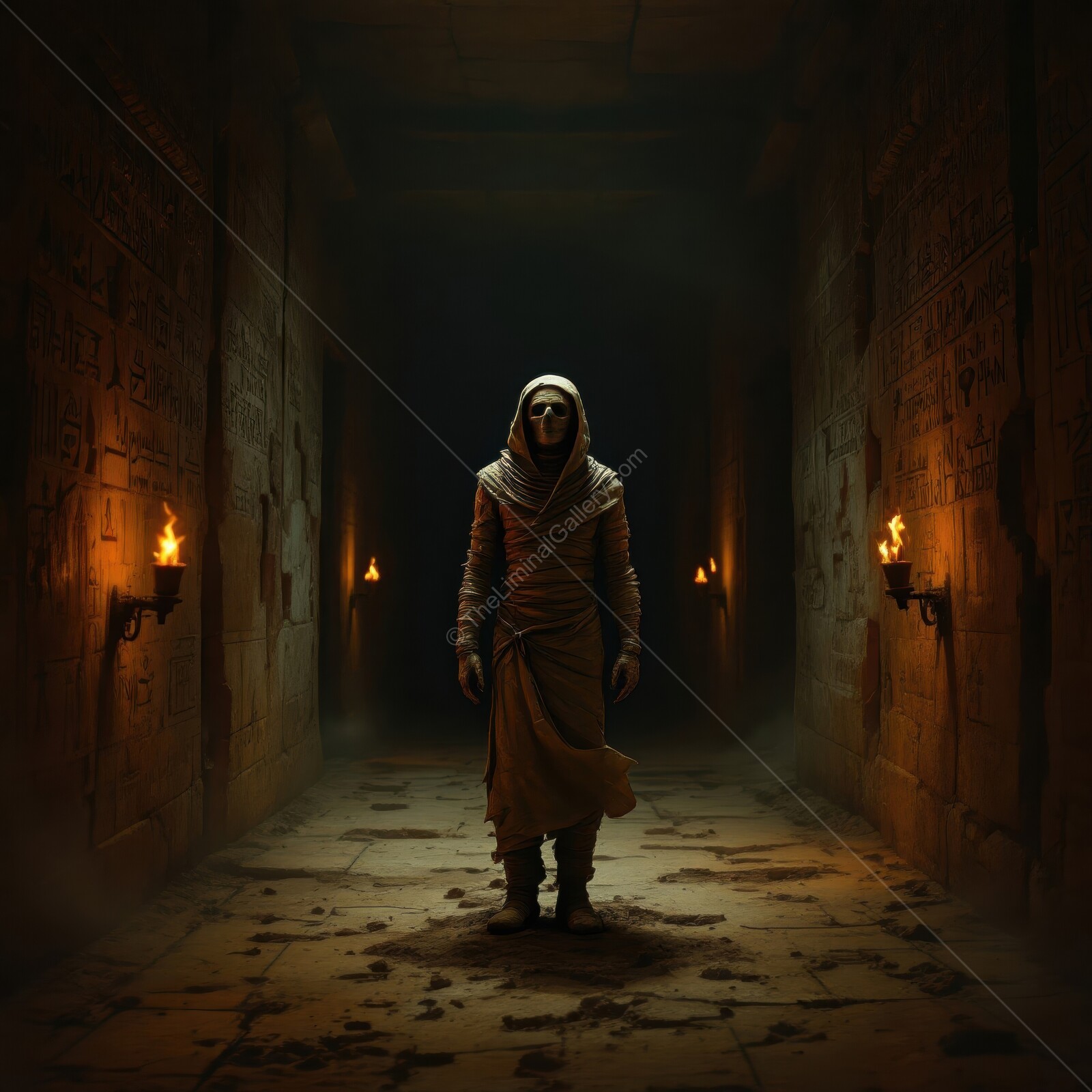 Mysterious mummy wanders through an ancient, eerie corridor at twilight