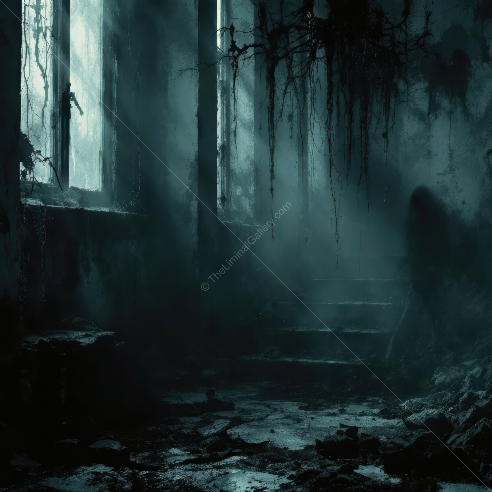 Mysterious shadows linger in a hauntingly dilapidated building, where decay and darkness intertwine