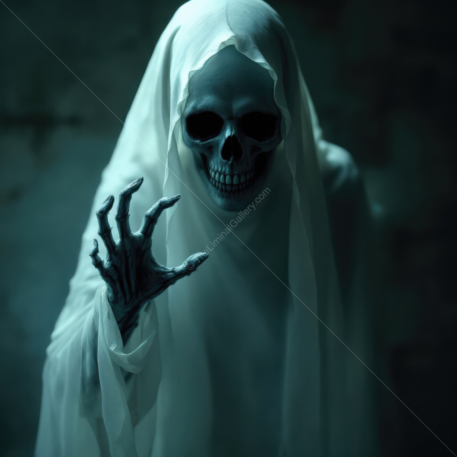 Mysterious skeleton shrouded in fog, beckoning from an abandoned corridor at night