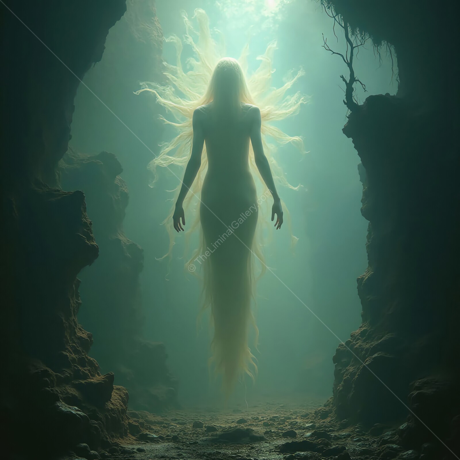 Mystical figure emerges from shadowy depths, evoking a sense of unease and wonder in a liminal horror setting