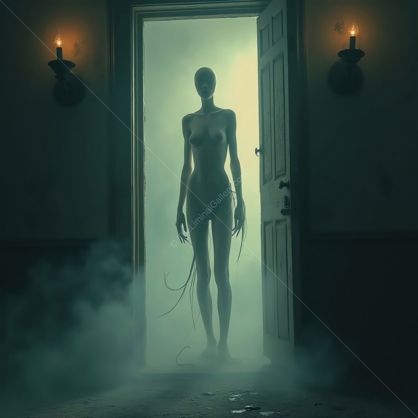 Eerie alien figure emerges from shadowy doorway enveloped in fog at dusk, evoking a sense of impending dread