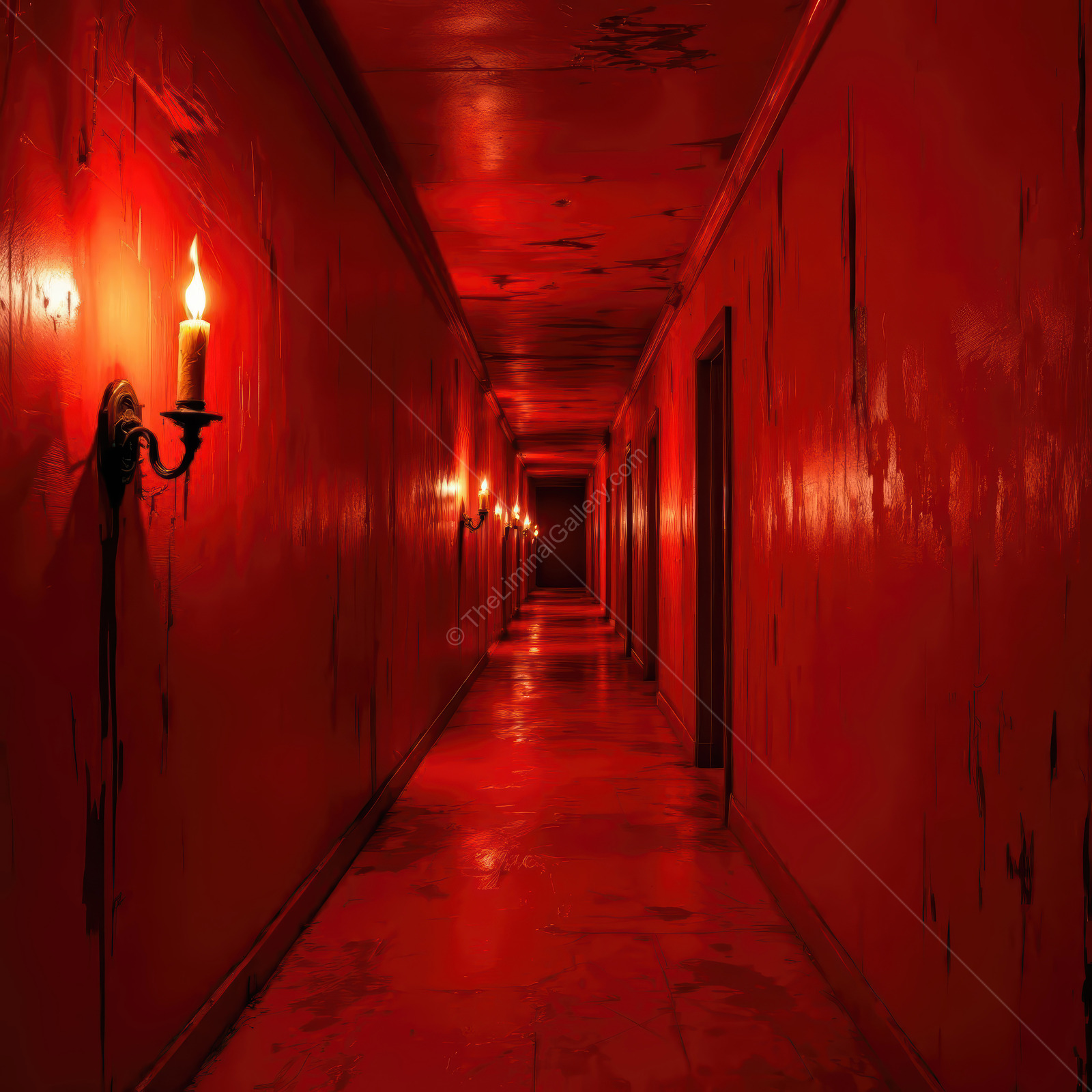 Mysterious hallway illuminated by flickering candles in a dimly lit red corridor