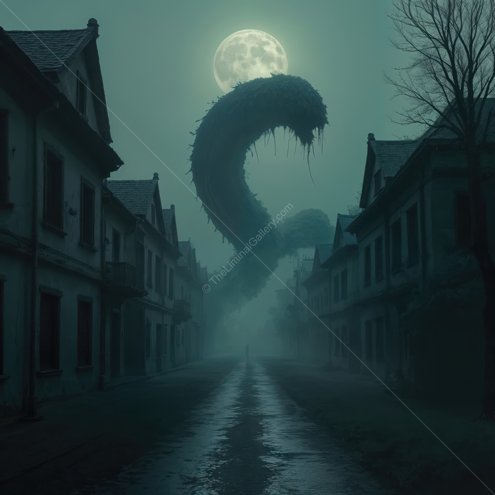 Eerie night descends on an abandoned street, where a colossal serpentine figure looms under a ghostly moon