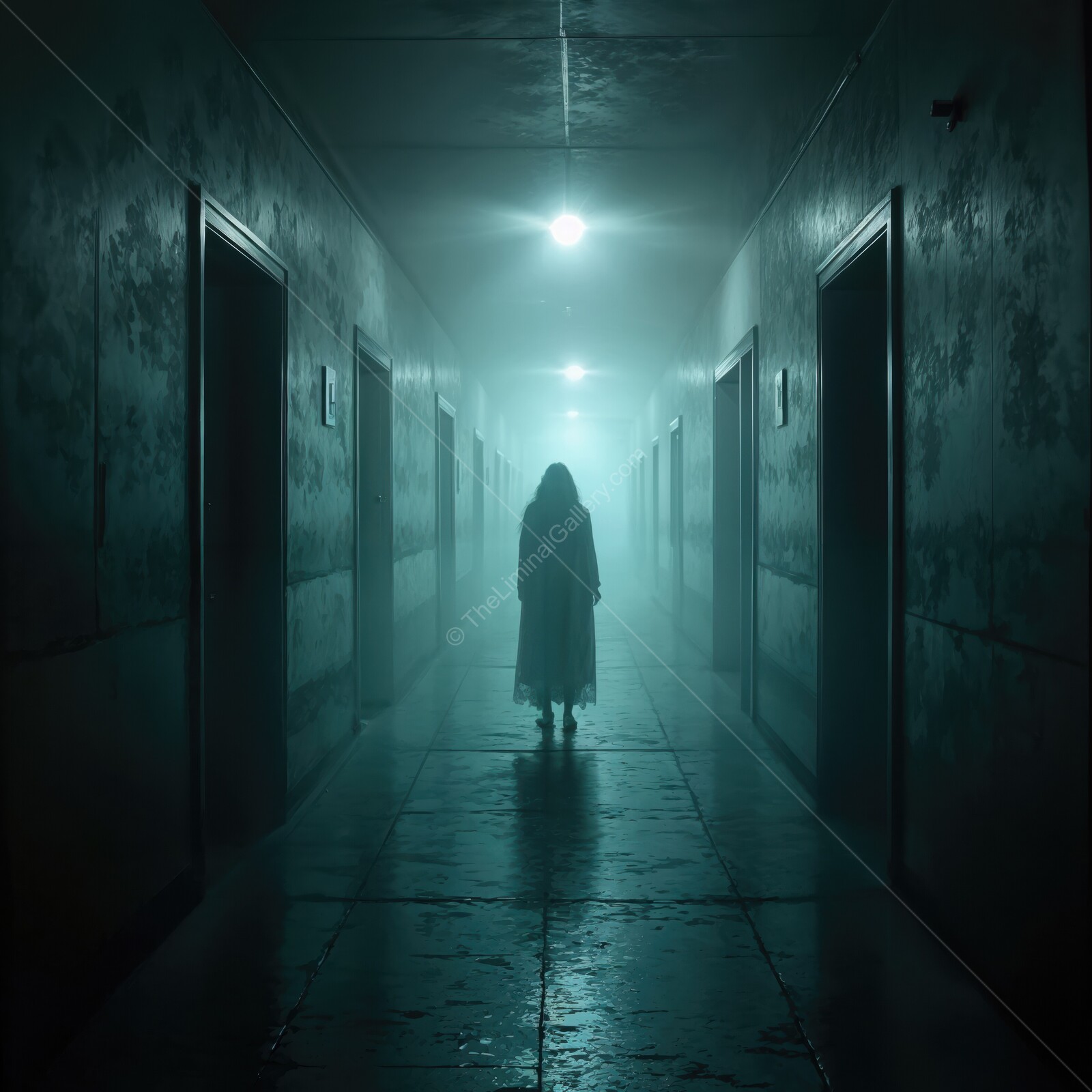 Shadows linger in an abandoned corridor at midnight filled with unease and dread