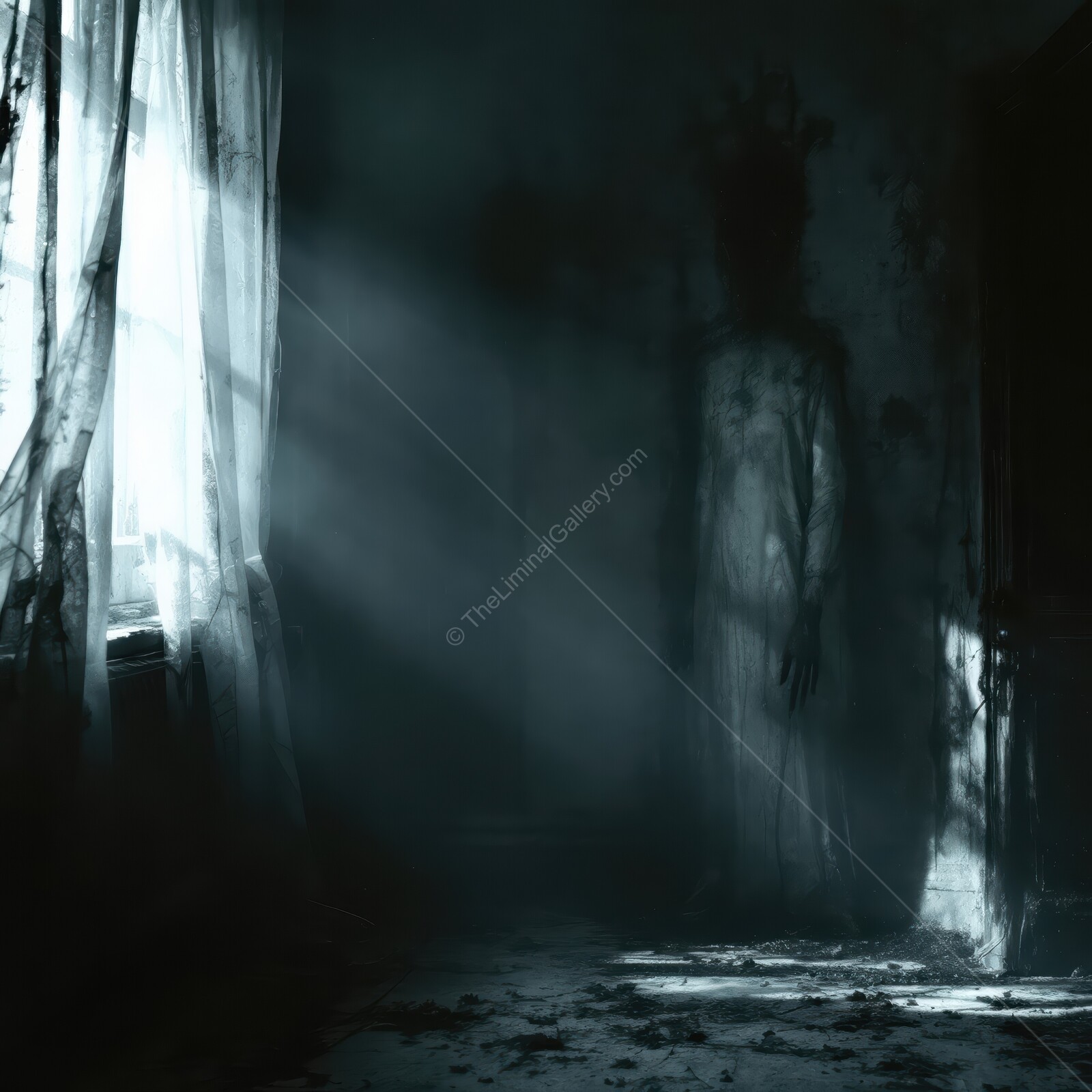 Shadows dance in forgotten rooms during the eerie hours of twilight in a hauntingly empty space