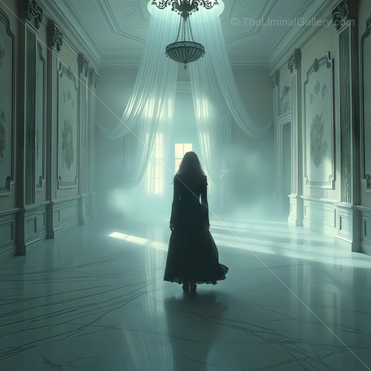 Mysterious figure explores a grand, dimly lit hall draped in ethereal light and shadows