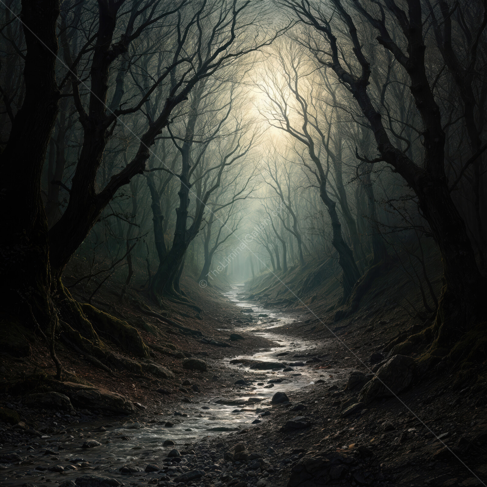 Shadows creep through the twisted trees of an eerie forest path leading into darkness
