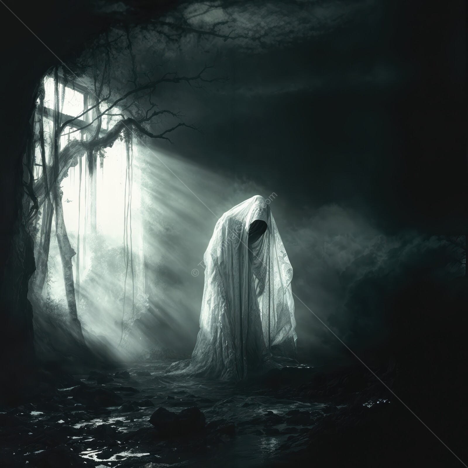 Shadows of despair loom in an abandoned space, where forgotten echoes haunt the stillness