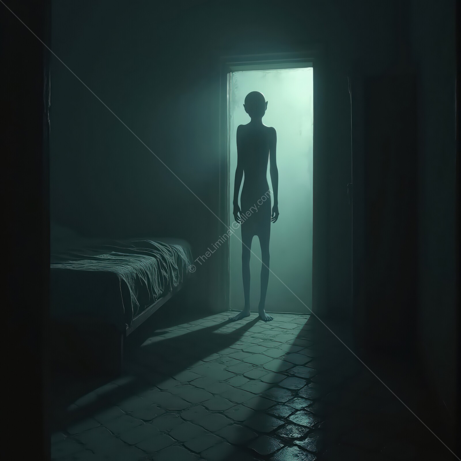 Shadowy alien lingers at the threshold of an eerie, dimly lit room shrouded in mystery and fear