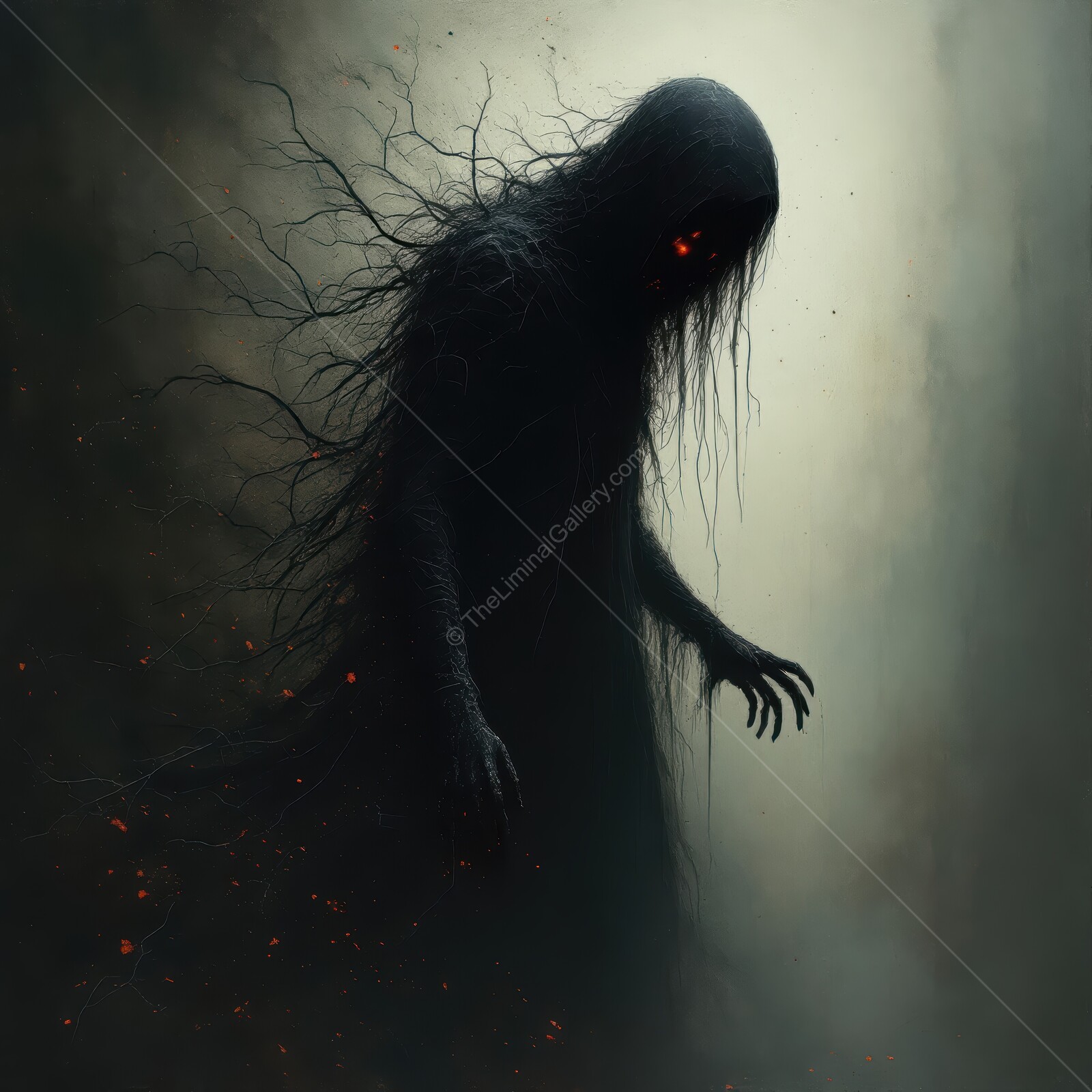 Shadowy figure lurks in a foggy forest at twilight, embodying the essence of liminal horror