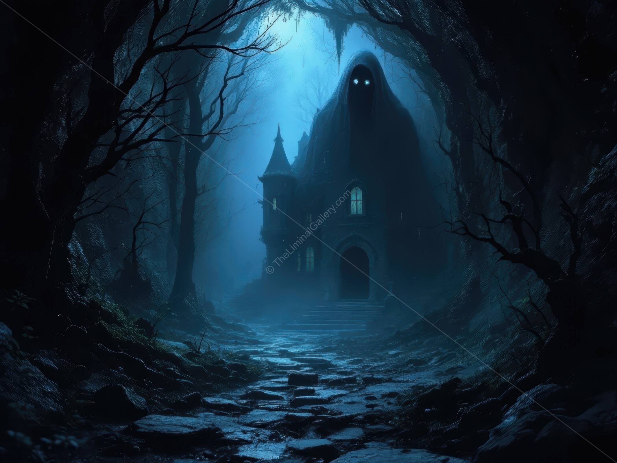 Eerie shadowy figure looms near abandoned mansion enveloped in an unsettling fog and surrounded by gnarled trees