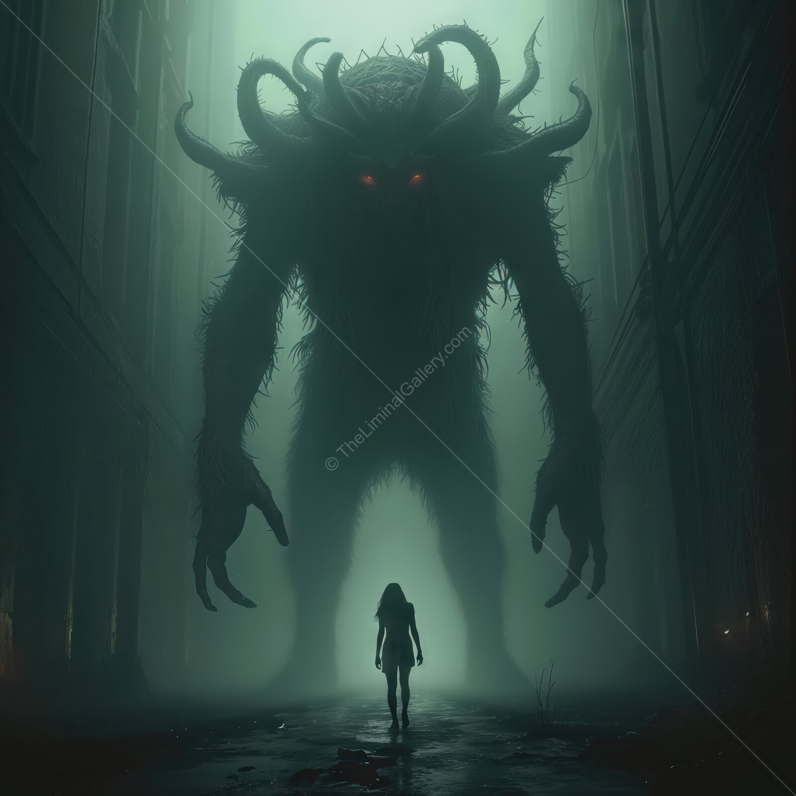 Confronting shadows in a deserted corridor at dusk with an ominous monster lurking behind