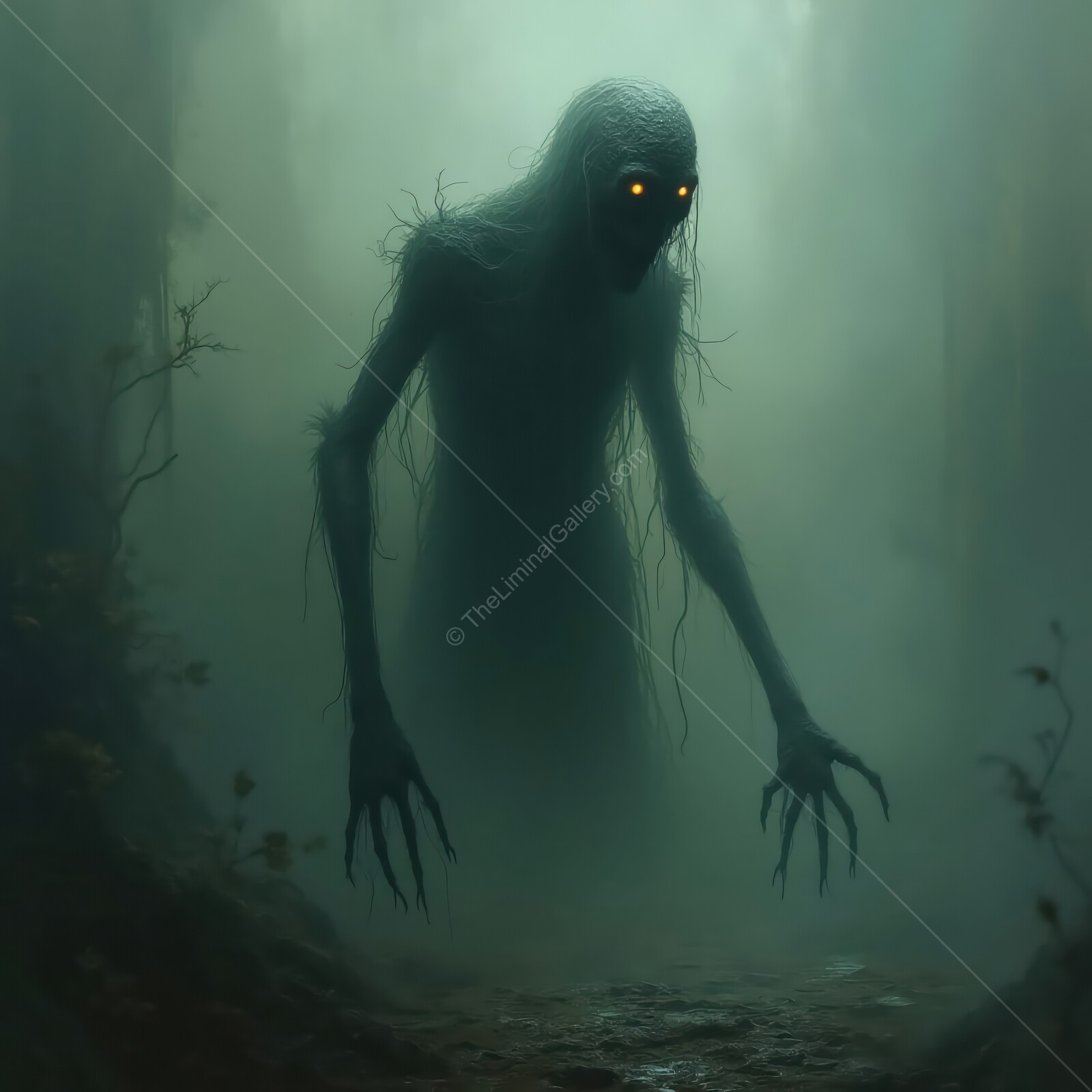 Glimpse of a shadowy undead figure in an eerie forest shrouded in mist during twilight hours