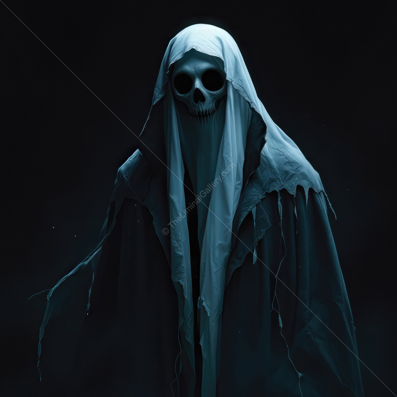 Silhouette of haunting figure draped in tattered cloth with a skull mask in a dark, eerie atmosphere