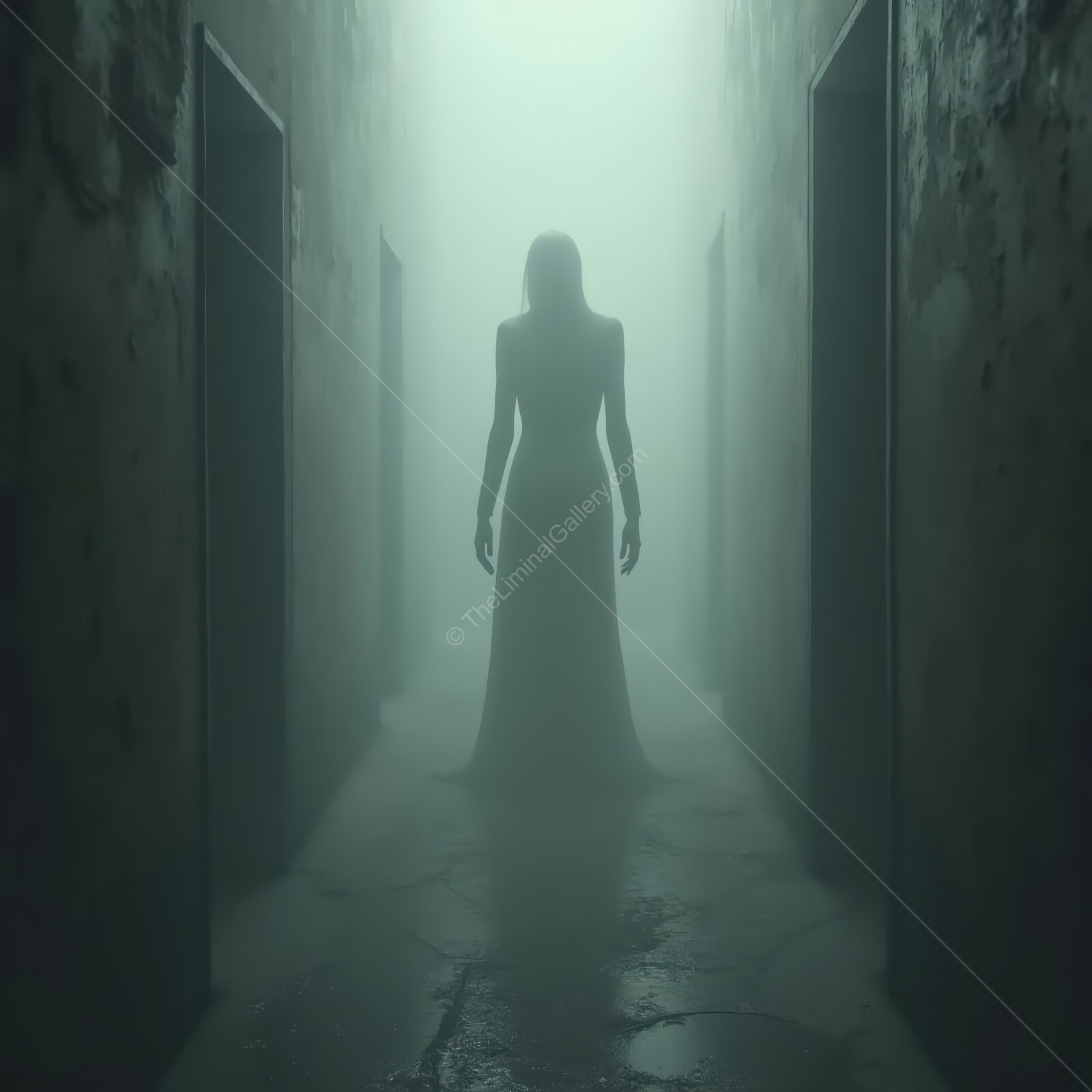 Silhouetted figure in a misty corridor evokes liminal horror at twilight in an abandoned building