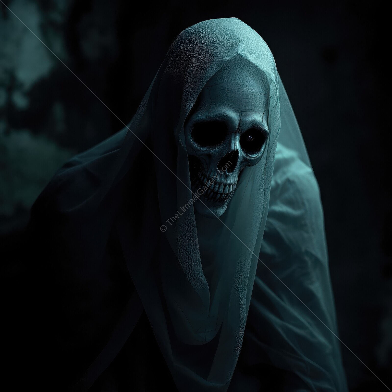 Eerie skeletal figure shrouded in translucent fabric haunts shadowy void and evokes unsettling emotions of isolation