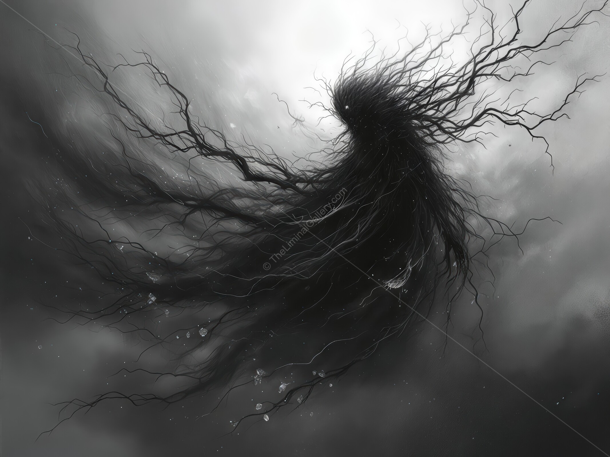 Eerie specter looms in a monochrome void, evoking feelings of dread and isolation in a surreal landscape