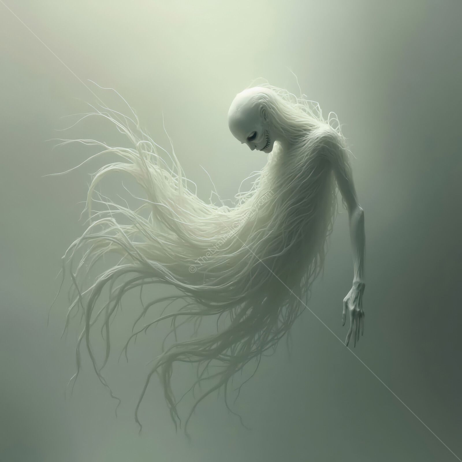 Ethereal figure emerges from shadows in a desolate liminal space, evoking eerie sensations of horror