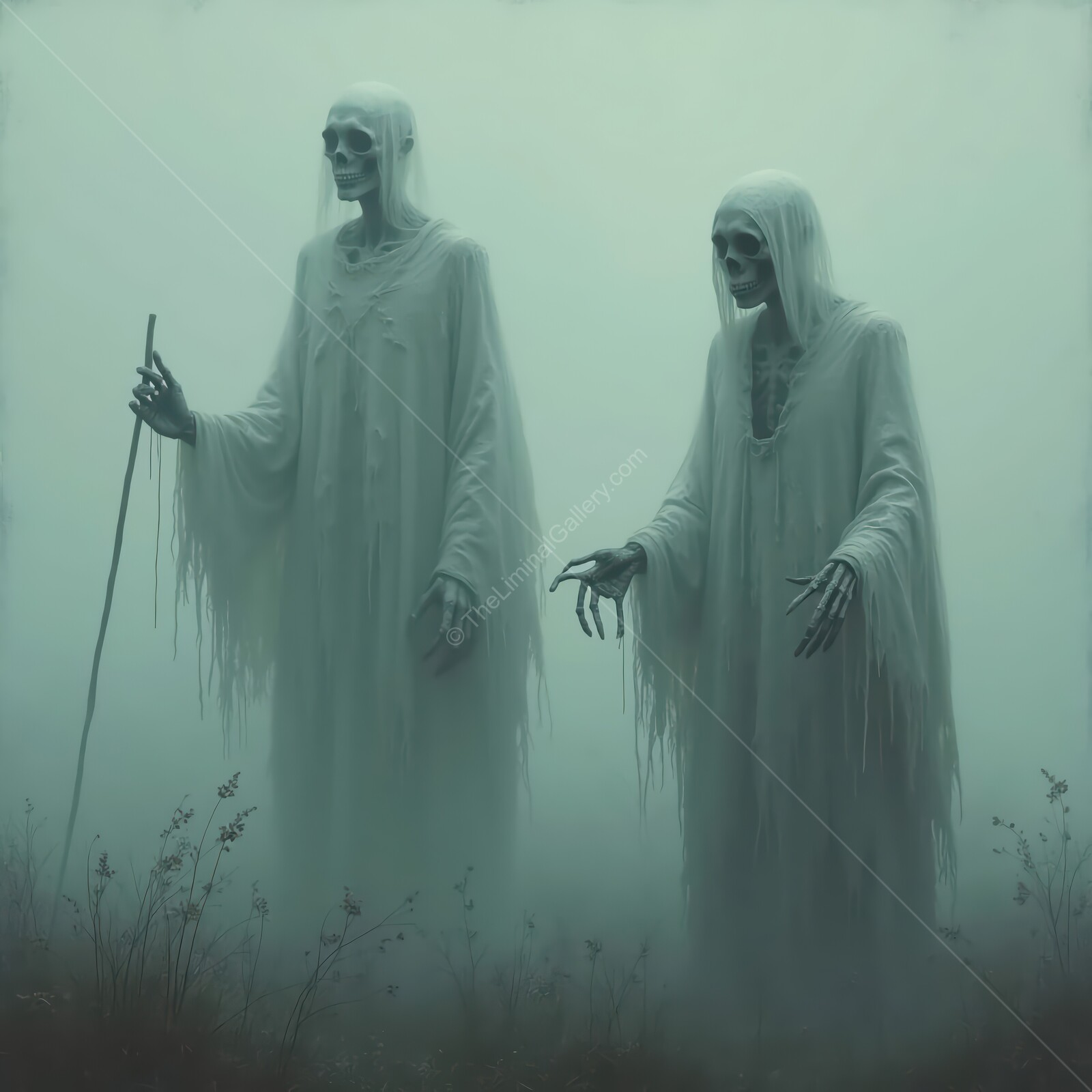 Spectral skeletons wander through a foggy landscape in unsettling silence during the twilight hours of a forgotten realm