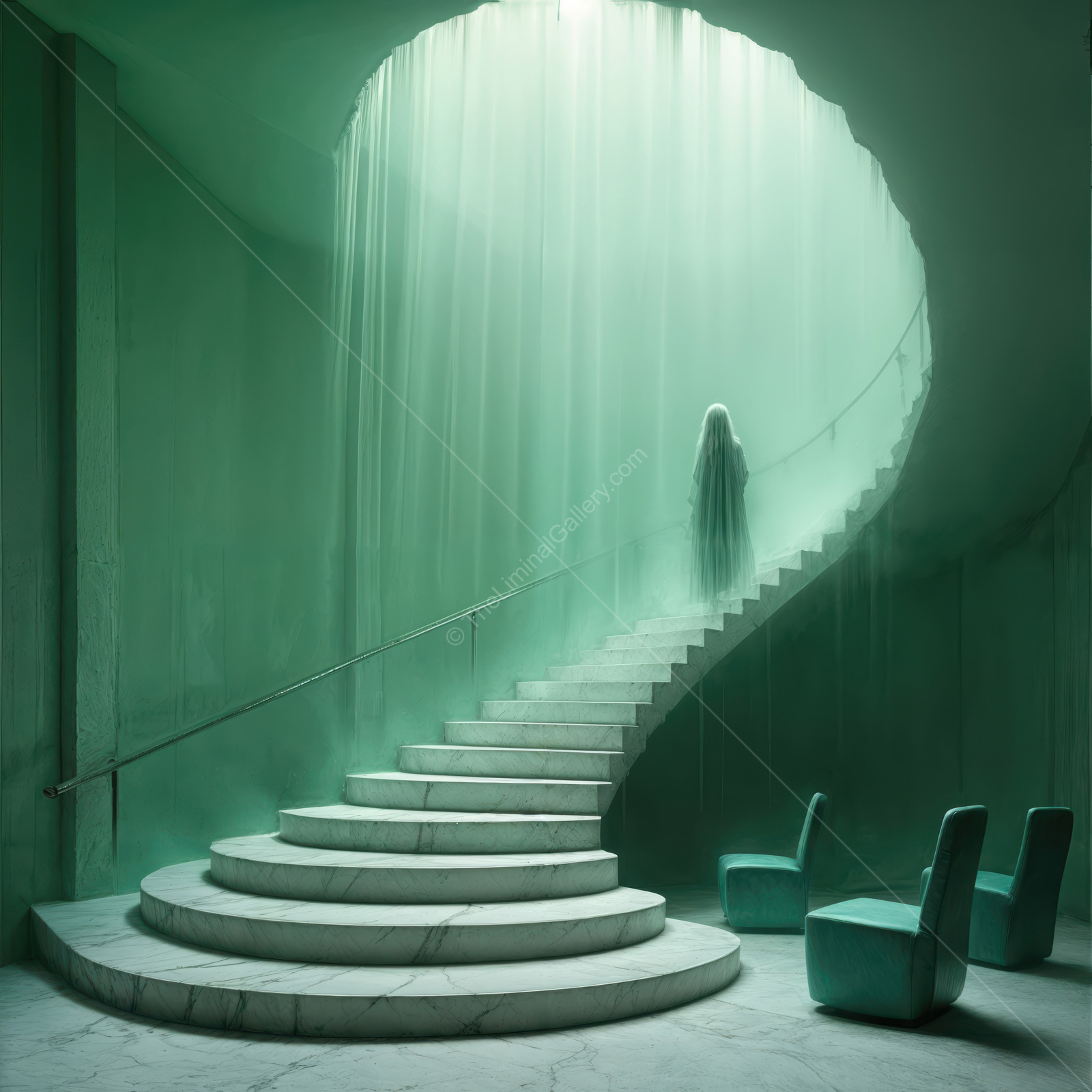 Mysterious figure descends an ethereal spiral staircase draped in soft green light during a surreal moment of solitude