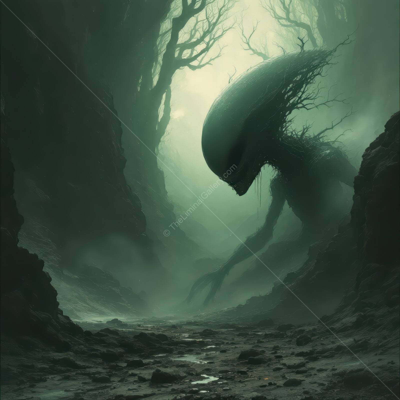 Strange alien lurks in the misty forest, rooted in shadows and fear