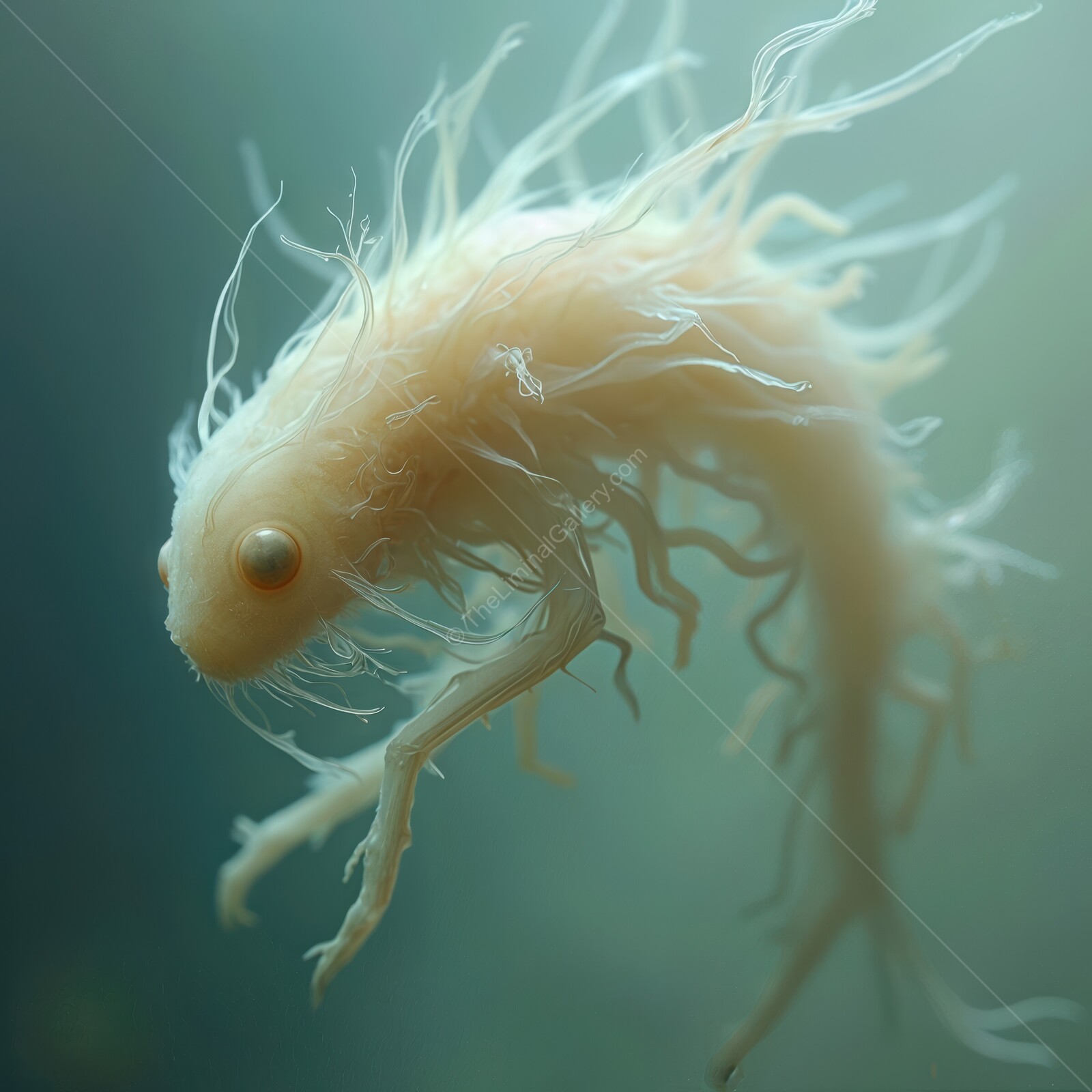 Strange aquatic creature floating in eerie twilight waters evokes chilling feelings of liminal horror
