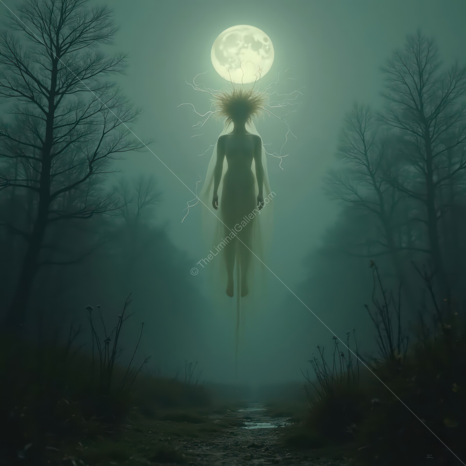 Suspended in shadows, a ghostly figure hovers beneath the eerie moonlight in a forgotten forest