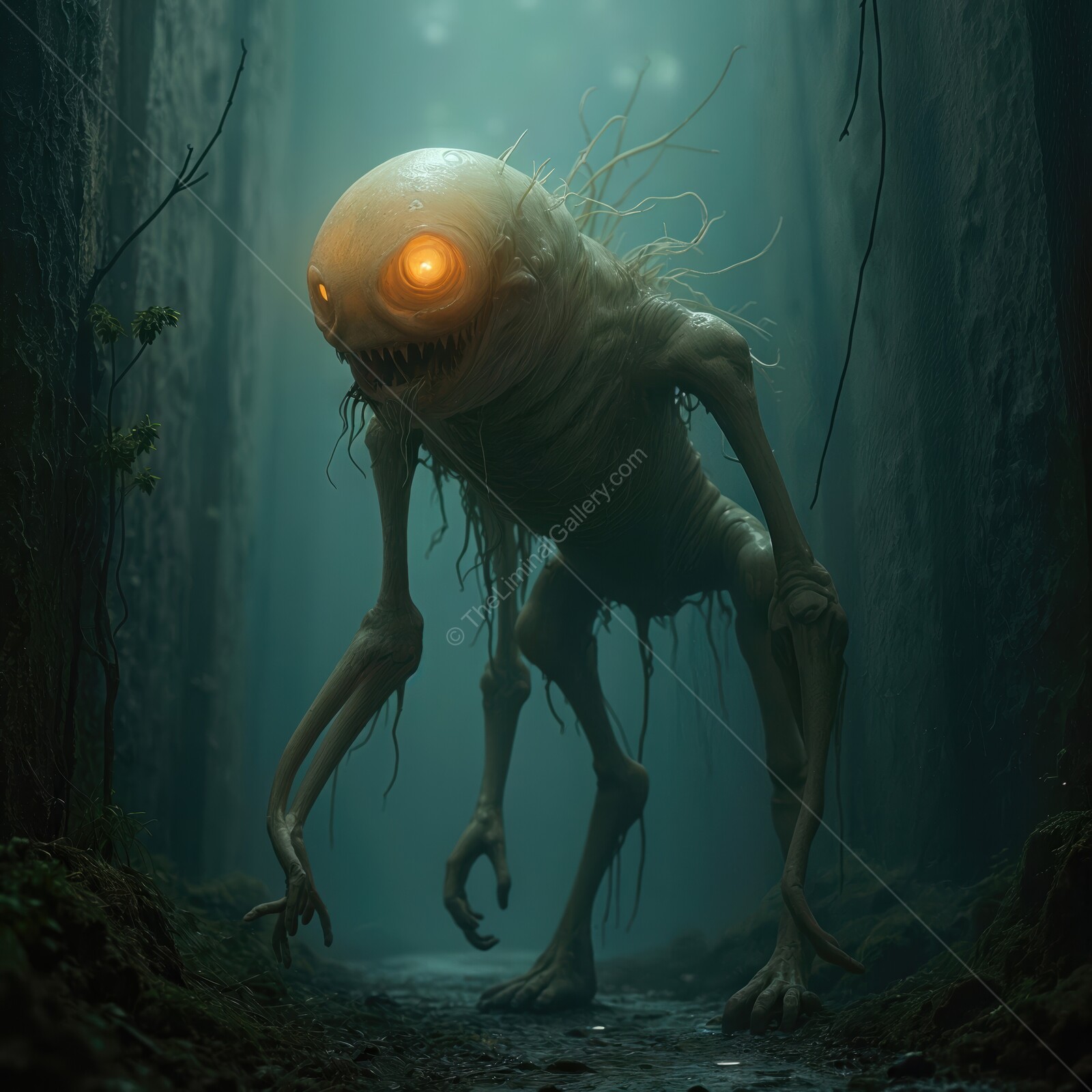Chilling encounter in an eerie, foggy forest with a terrifying creature lurking in the shadows