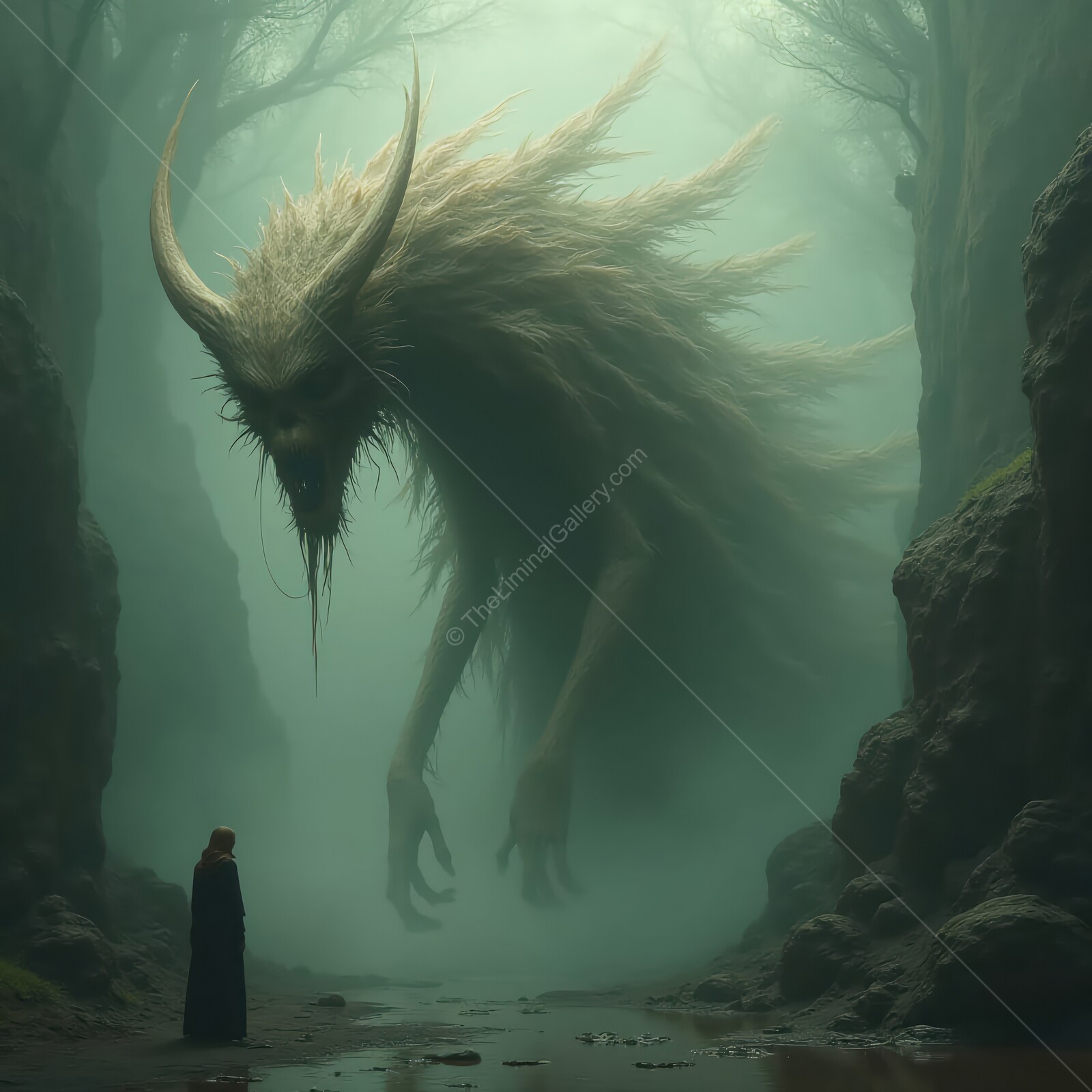 Eerie encounter with a towering entity in a fog-laden forest at twilight