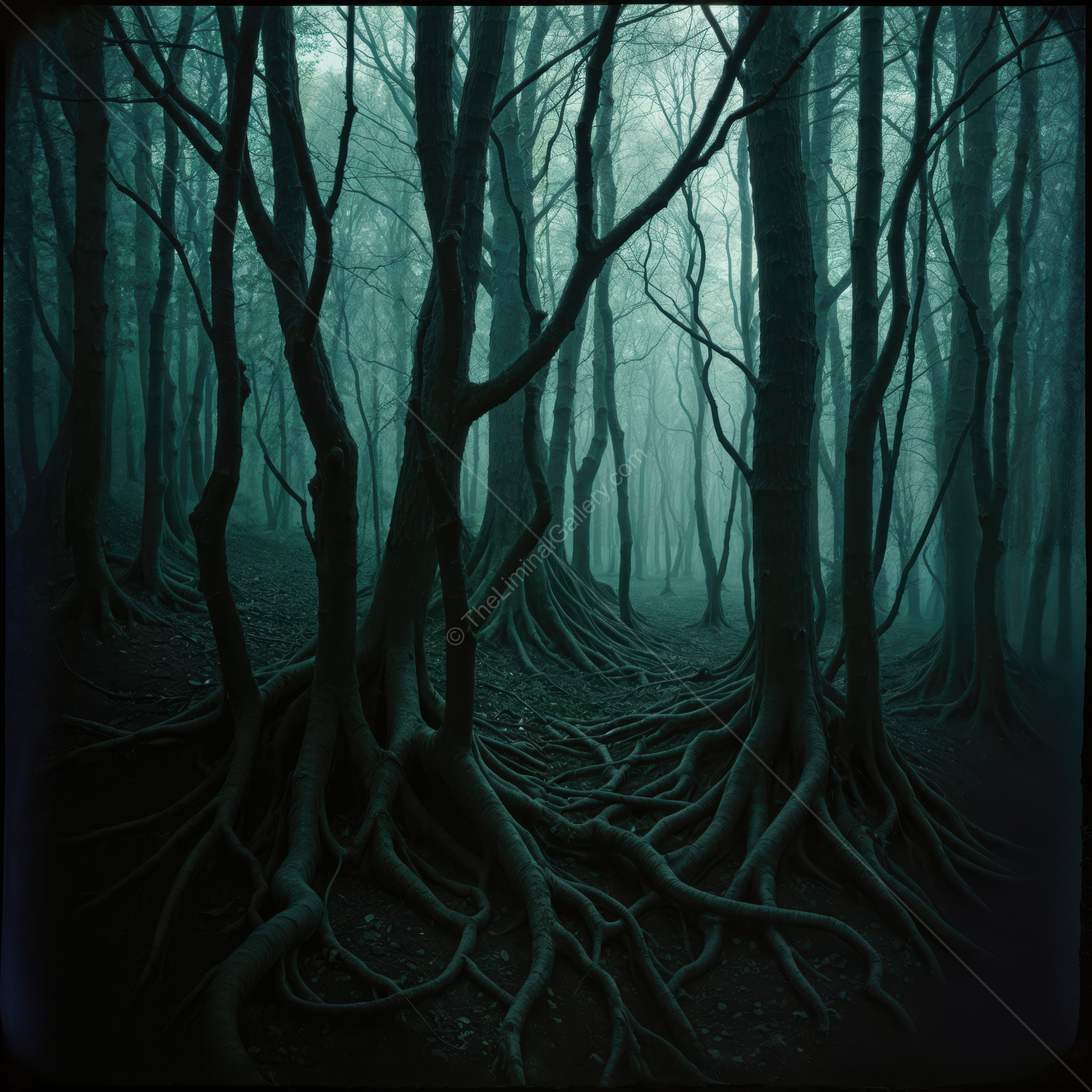 Mysterious forest with twisted trees and fog enveloping the ground during twilight hours