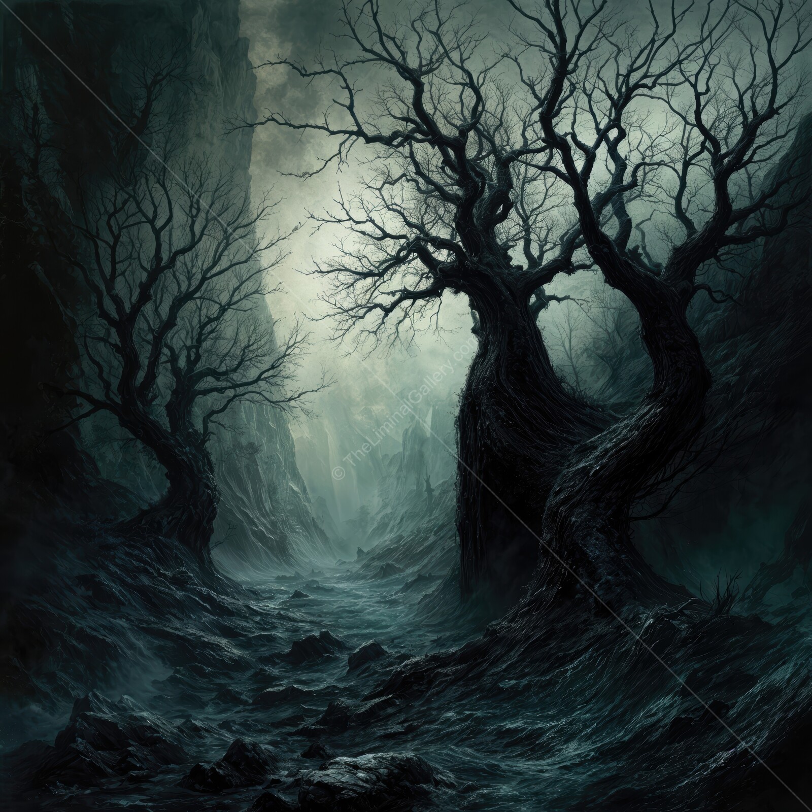 Twisted trees loom in shadowy path revealing the eerie embrace of liminal horror at dusk